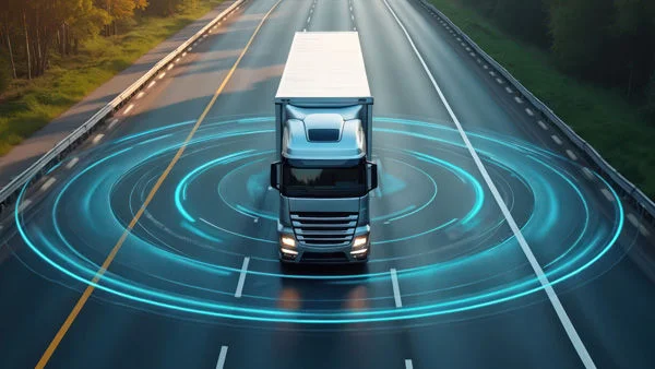 Truck on highway with signal waves
