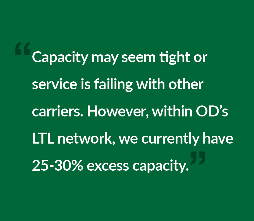 Capacity may seem tight or service is failing with other carriers. However, within OD’s LTL network, we currently have 25-30% excess capacity.